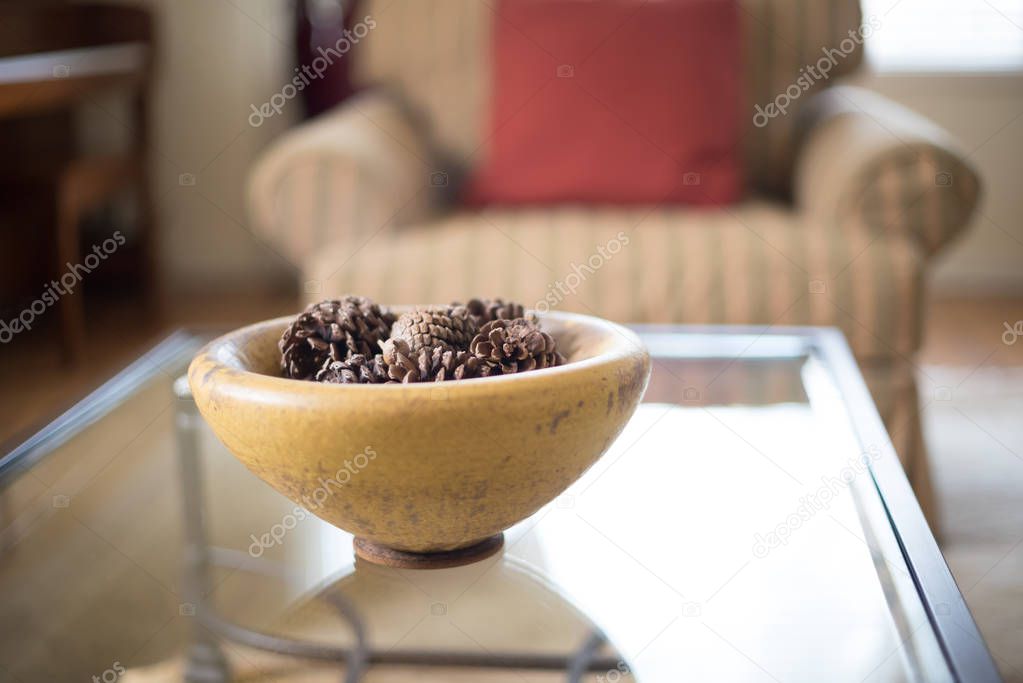Elegant bowl of pinecones on glass living room coffee table