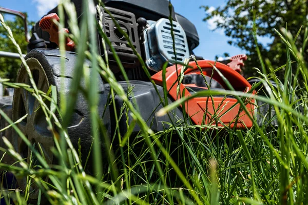 Mężczyzna rusza się kosiarką i kosi zieloną trawę. Koncepcja pielęgnacji ogrodu — Zdjęcie stockowe