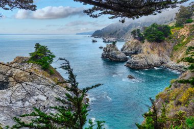 View from the campground area above McWay Falls in Big Sur, California. Scenic cliffs and turquoise waters framed by cypress trees create a unique and beautiful perspective of the Pacific coast