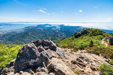 Panoramic view from Mount Tamalpais East Peak overlooking San Francisco Bay, Richmond San Rafael Bridge, Angel Island, and rolling hills of Marin County under fog and blue sky, California USA