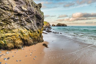 Scenic sunset view at Rodeo Beach in Marin Headlands, California. Dramatic sea stacks and ocean waves glowing in warm evening light, creating a peaceful coastal landscape along Highway 1