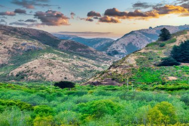 Sunset over rolling hills of Marin Headlands near Rodeo Beach, California. Golden light highlights the rugged landscape, green valleys, and dramatic clouds, creating a scenic and tranquil view.