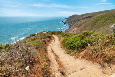 Scenic view from Tennessee Valley Trail in Marin Headlands, California. Rolling green and golden hills open toward the Pacific Ocean with distant views of San Francisco and the Bay Area skyline