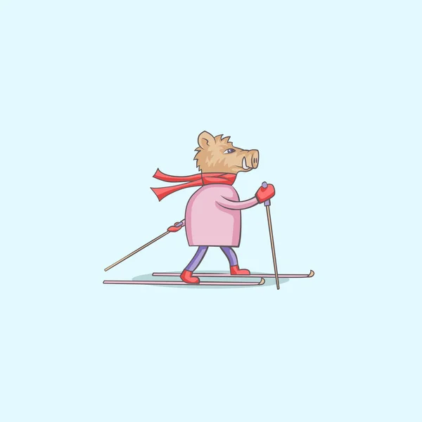 Sanglier sur skis — Image vectorielle