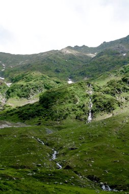 Dağ nehir yeşil çim ve Romanya, Transfagarasan taşlar arasında bir şelale