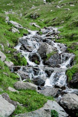 Dağ nehir yeşil çim ve Romanya, Transfagarasan taşlar arasında bir şelale