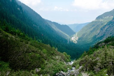 Dağ nehir yeşil çim ve Romanya, Transfagarasan taşlar arasında bir şelale