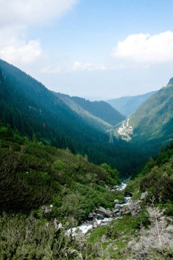 Dağ nehir yeşil çim ve Romanya, Transfagarasan taşlar arasında bir şelale