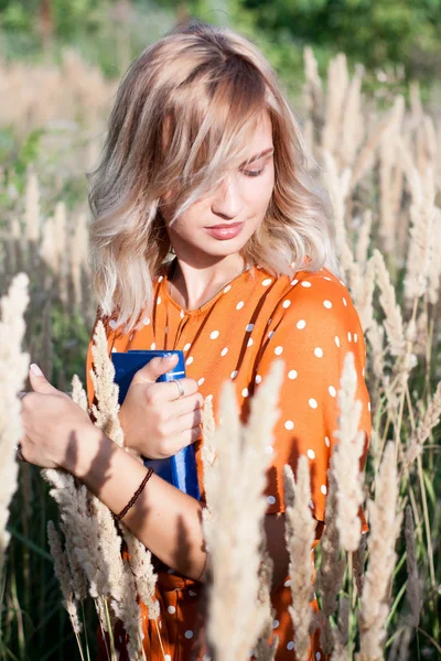 Krásná Šťastná Blondýnka Mladá Žena Oblasti Klásky Pšenice Knihou Západ — Stock fotografie