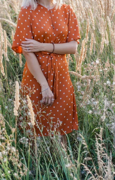 Alegre Bela Jovem Mulher Divertindo Posando Campo Pôr Sol — Fotografia de Stock