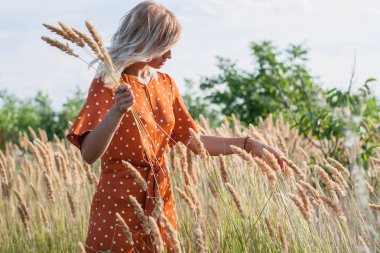 Güzel genç kadın alan toplar bir buket çiçek ve spikelets yürür, sunset Bulvarında bir çelenk çiçek örgüleri