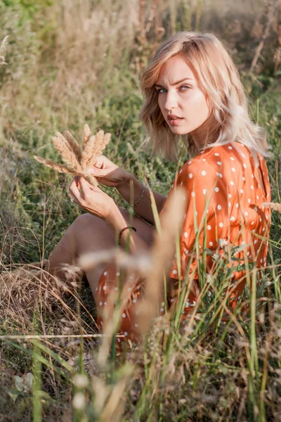 Mulher Bonita Caminha Campo Recolhe Buquê Flores Espiguetas Tece Uma — Fotografia de Stock