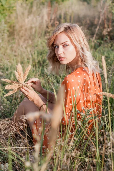 Mulher Bonita Caminha Campo Recolhe Buquê Flores Espiguetas Tece Uma — Fotografia de Stock