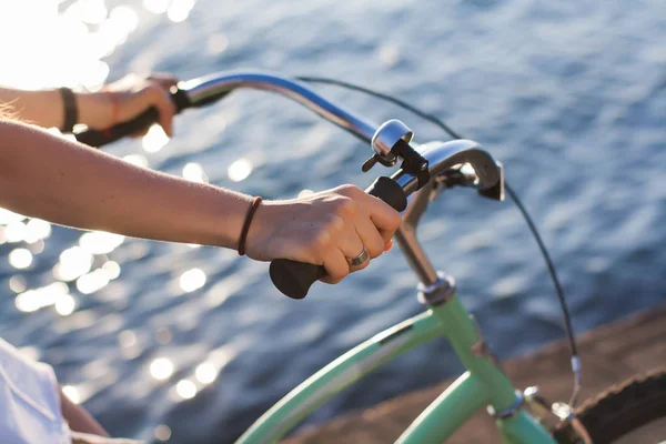 Close Beautiful Young Woman Bicycle Handlebar Wheels Body Part Hands — Stock Photo, Image