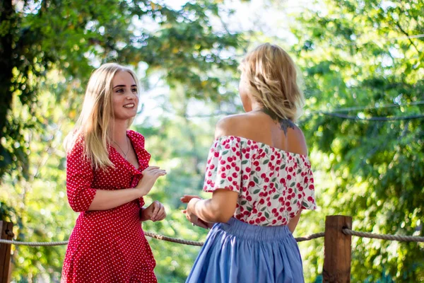 Dvě Blond Atraktivní Kamarádky Mluví Objímání Parku Sestry Mají Dobře — Stock fotografie