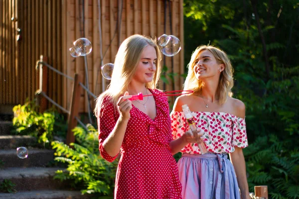 Dos Hermosas Mujeres Rubias Jóvenes Atractivas Soplan Burbujas Parque Son —  Fotos de Stock