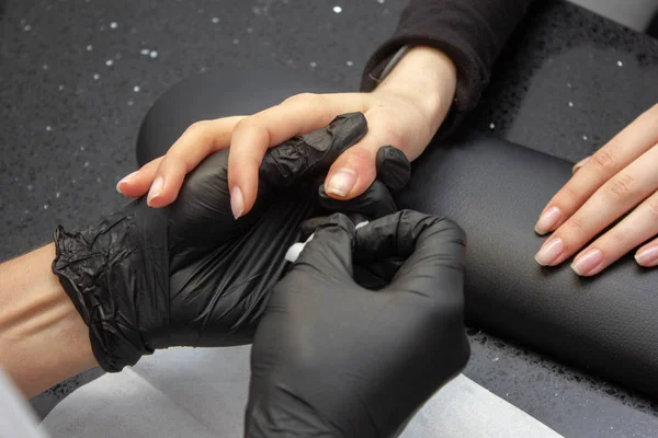 Manicure Process Woman Works Hands Nails Woman Close — Stock Photo, Image