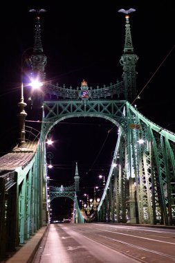 Gece Szechenyi Chain Bridge Buda ve Pest, Budapeşte, Macaristan'ın başkenti Batı ve Doğu kenarları arasında River Danube yayılan bir asma köprü görünümdür.
