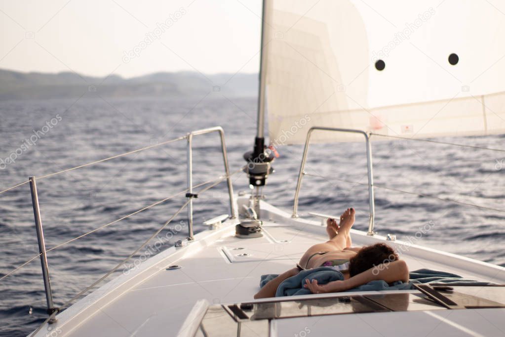 Mediterranean sailboat, view from the yacht to the sea