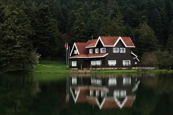 Dřevěný Dům Jezera Uvnitř Lesa Národním Parku Bolu Golcuk Turecko — Stock fotografie