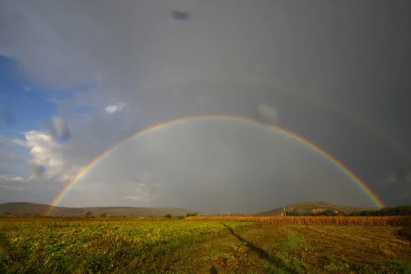 beautiful spring landscape panorama with a field and a rainbow above it. double rainbow shines in the sky, panoramic view
