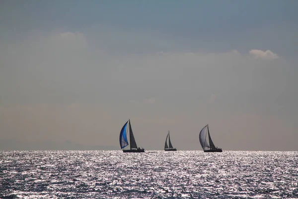 Navegando Iates Navio Com Velas Brancas Corrida Regata Mar Aberto — Fotografia de Stock