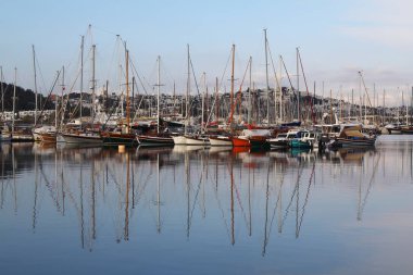 denize yansan deniz rıhtımında demirlemiş yelkenli teknelerin deniz otoparkı