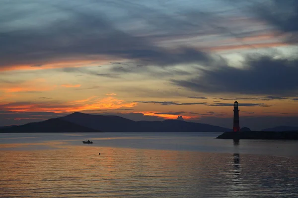 Seascape Sunset Lighthouse Coast Seaside Town Turgutreis Spectacular Sunsets — Stock Photo, Image