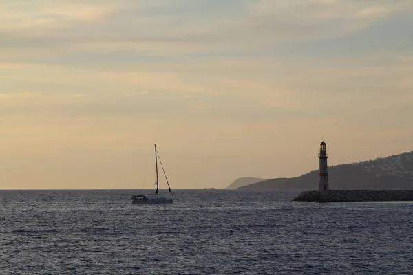 Seascape Sunset Lighthouse Coast Seaside Town Turgutreis Spectacular Sunsets — Stock Photo, Image