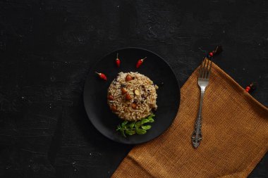 Dolma 'yı Kaşıkla / Pilav veya Pilaf ile Tabakta Hazırlamak İçin Türkiyeli Pilavlı Pilav. Geleneksel yemek. Yemeye hazır..