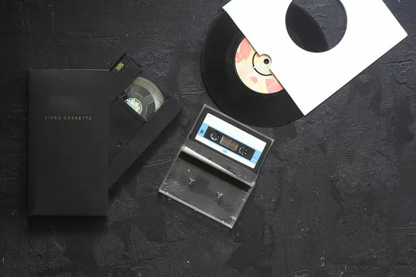 Vinylplaat Audio Videocassettes Bovenaanzicht — Stockfoto