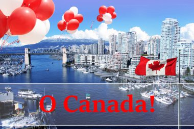 Kanada günü 1 Temmuz. Kanada bayrağı ve balon False Creek ve Vancouver, Kanada Burrard street Köprüsü manzarasına önünde. 