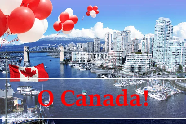 加拿大国庆日 加拿大的国旗和气球前观福溪与伯拉德街桥在温哥华 加拿大 免版税图库照片