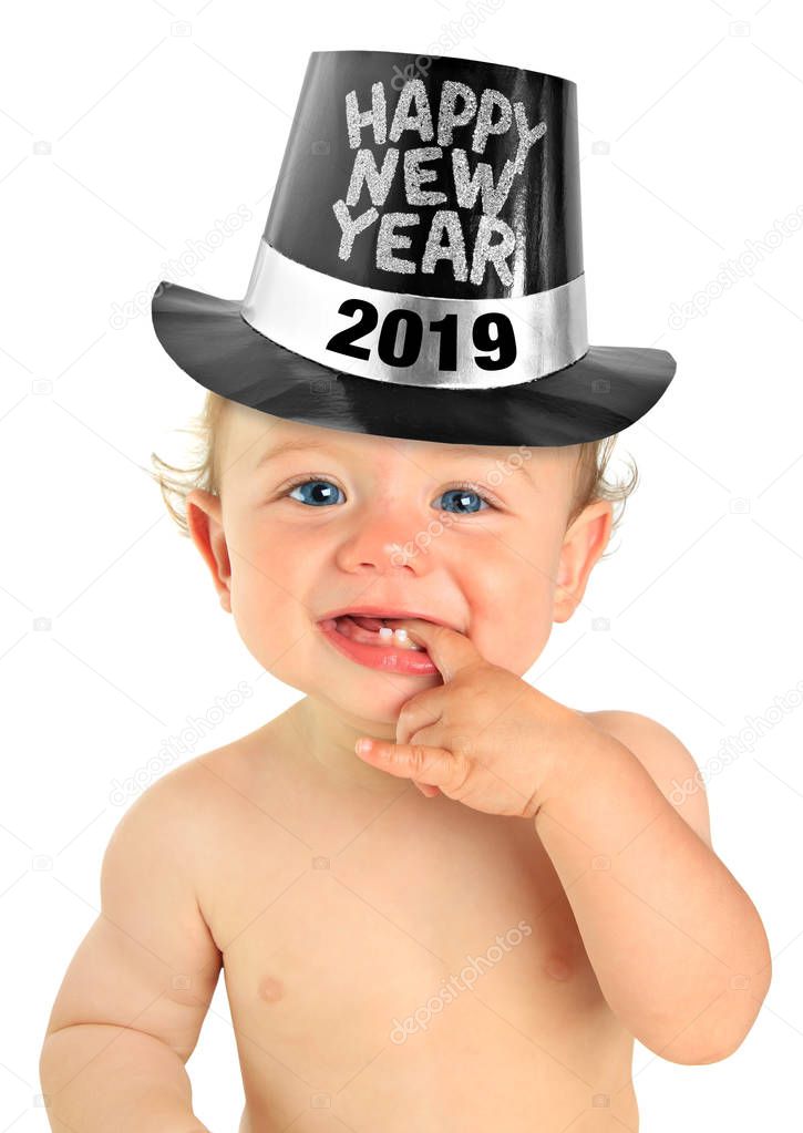 Adorable ten month old baby boy wearing a Happy New Year hat. 2019