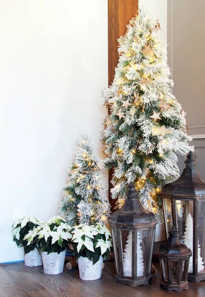 Pequena Árvore Natal Exibição Lanterna Piso Madeira — Fotografia de Stock