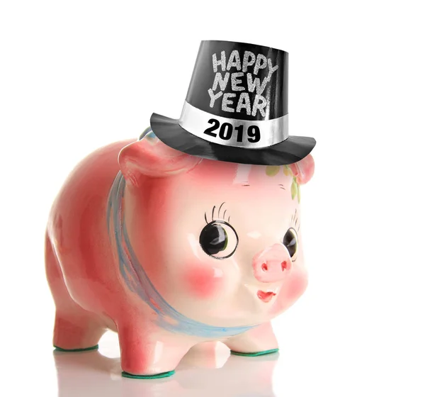 Varken ornament met een Happy New Year 2019 hoge hoed. Jaar van het varken — Stockfoto