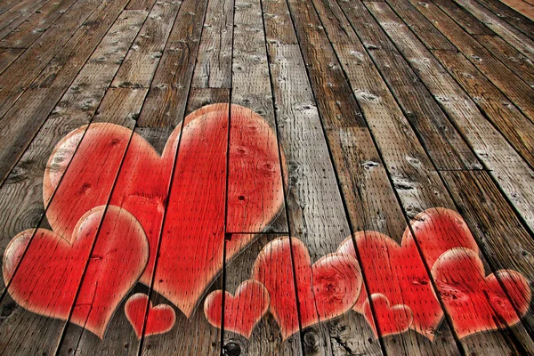 Сердца Валентина Выветриваемом Винтажном Широком Деревянном Полу День Влюбленных Февраля — стоковое фото