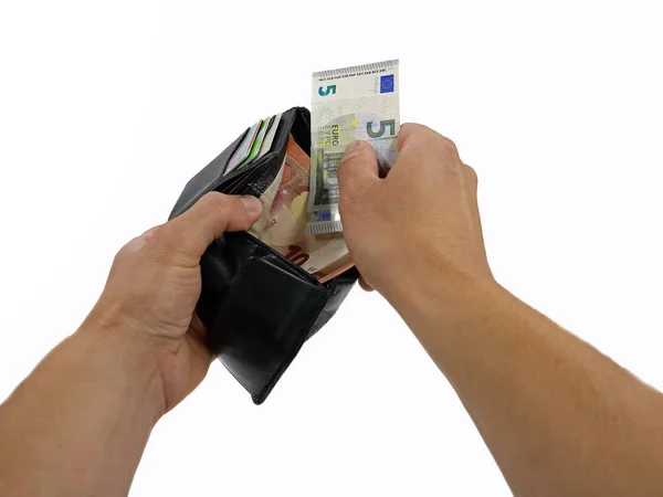 Hands taking out money from wallet in a first person view isolated on white background — Stock Photo, Image