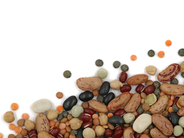 Top view of mixed dried legumes on white background with copy space — Stock Photo, Image