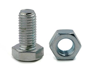 galvanized hex screw with hex nut close up on white background