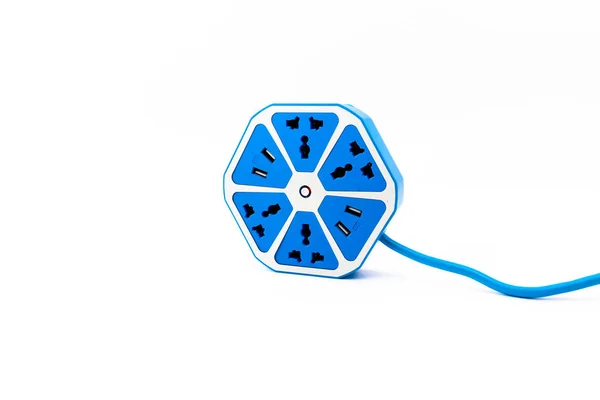 Toma Eléctrica Azul Hexágono Con Conector Usb Aislado Sobre Fondo — Foto de Stock