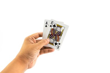 Poker spade Kral ve beyaz arka plan üzerinde izole adamın elinde as