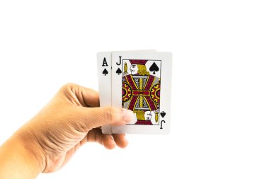 Poker dobra Jack ve beyaz arka plan üzerinde izole adamın elinde as