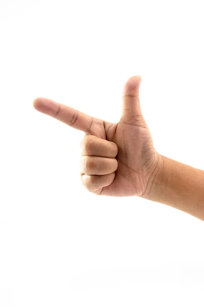 Рука Человека Показывает Признаком Пальца Изолированы Белом Фоне Знак Палец — стоковое фото