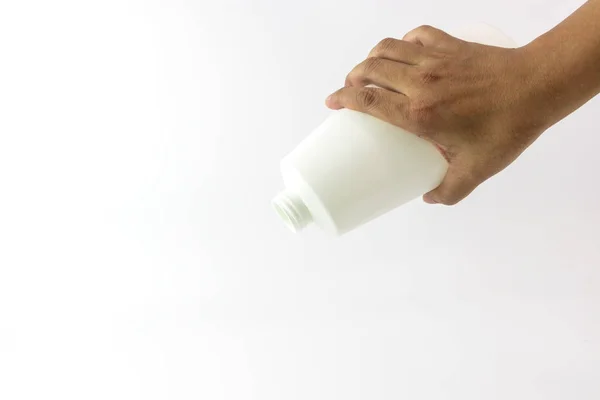 Λευκό Πλαστικό Μπουκάλι Σπείρα Στην Κορυφή Στόμα Χέρι Του Ανθρώπου — Φωτογραφία Αρχείου