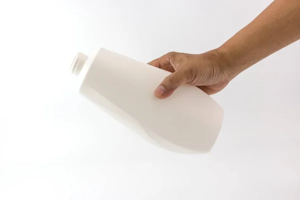 Botella Plástico Blanco Con Espiral Boca Superior Mano Del Hombre — Foto de Stock