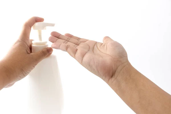 Mano Mujer Está Utilizando Para Líquido Botella Bomba Aislado Fondo — Foto de Stock