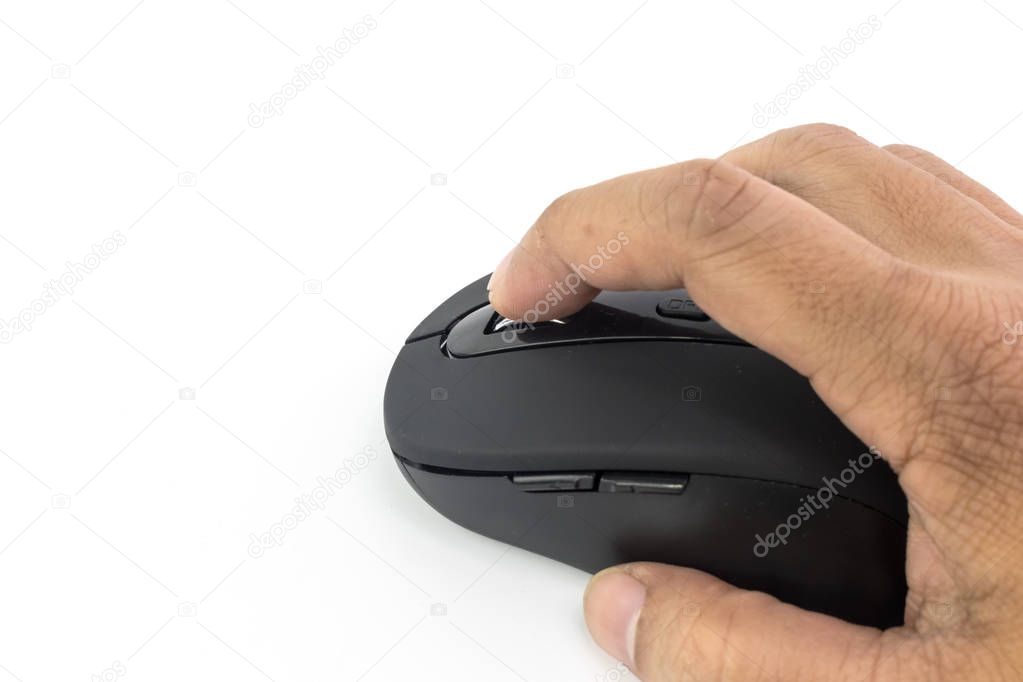 Hand of man is using the black wireless mouse isolated on white background