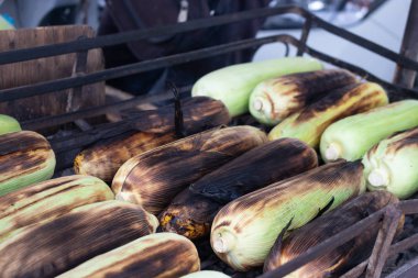 Mısır saplarını yığılmış uzun üzerinde ızgara soba