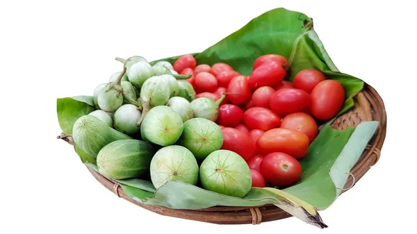 Cucumbers Eggplants Tomatoes Ingredients Thailand Spicy Salad Tool Cooking Background — Stock Photo, Image